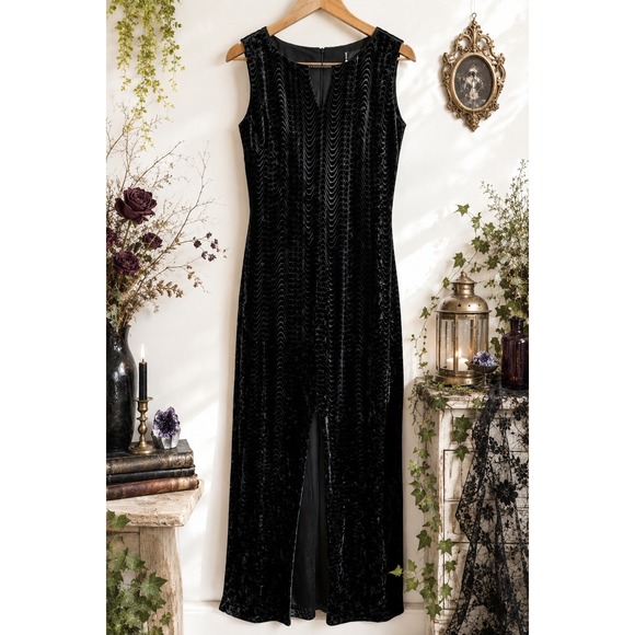 Roots Dresses & Skirts - Roots‎ Black Burnout Velvet Maxi Dress Beaded Neck Sleeveless Whimsigoth 18